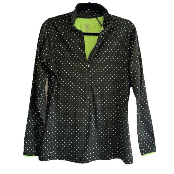 NIKE Pro Long Sleeve Womens L Half-Zip Top Black Neon Polka Dot Lightweight - Picture 1 of 7